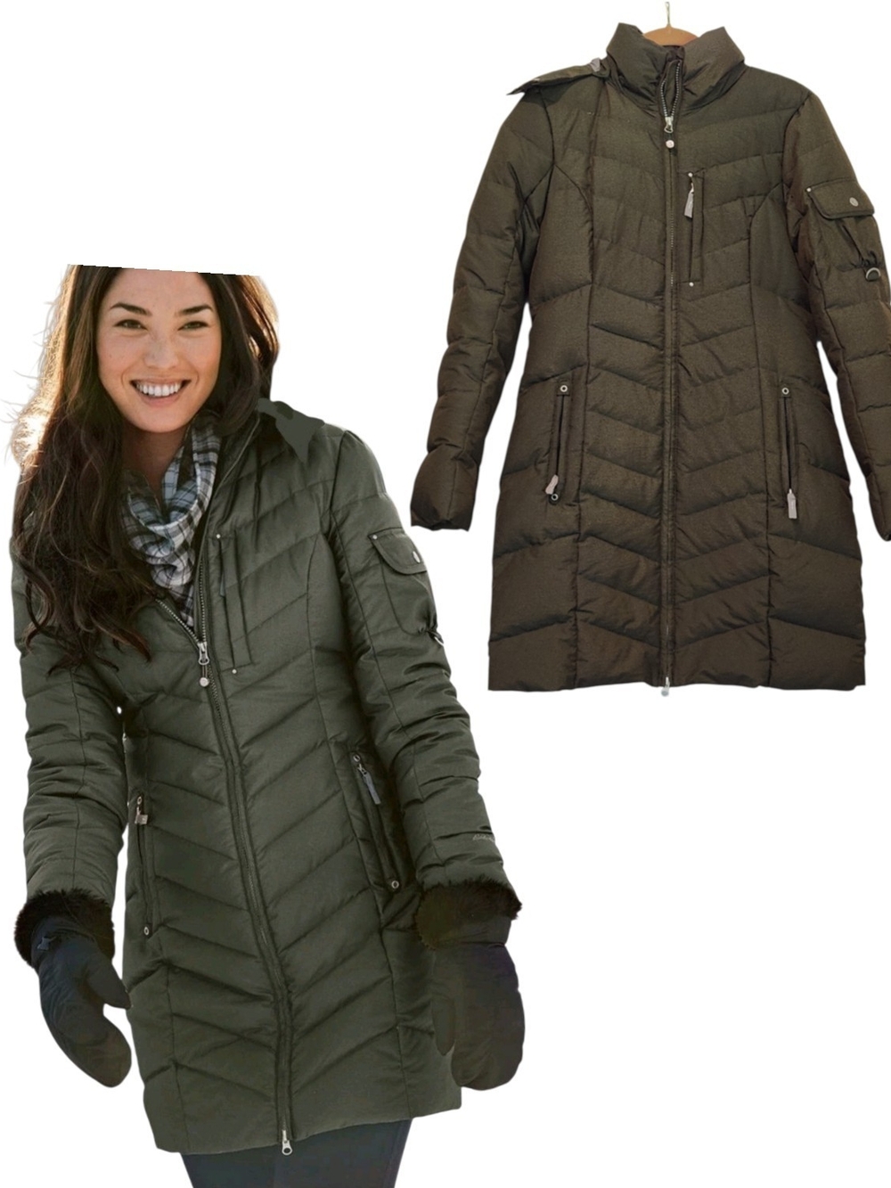 Eddie Bauer Sun Valley Down Parka Jacket Olive Faux Fur Hood Puffer Coat Small